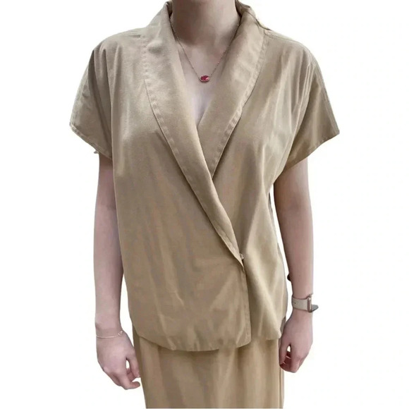 RONA New York camel faux-suede 2-piece set – wrap shawl-collar top + midi skirt - Picture 5 of 10